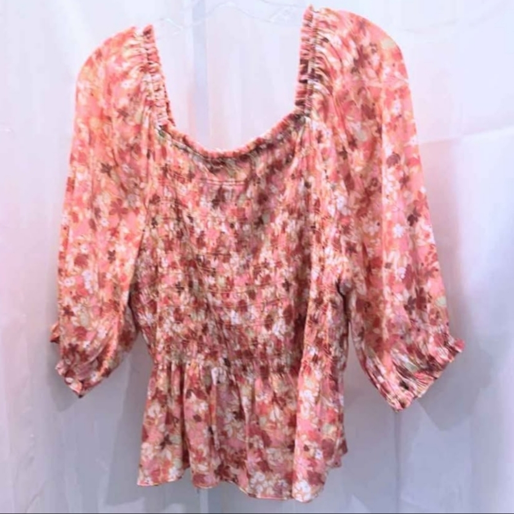 Pink Floral Smocked Top Elastic Waist